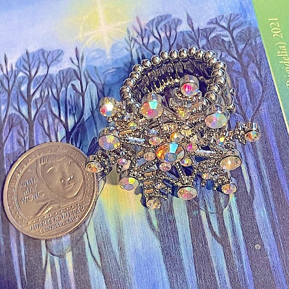 RING Snowflake crystal ice persuasion adjustable big vtg Silvertone stretchable - Picture 4 of 4